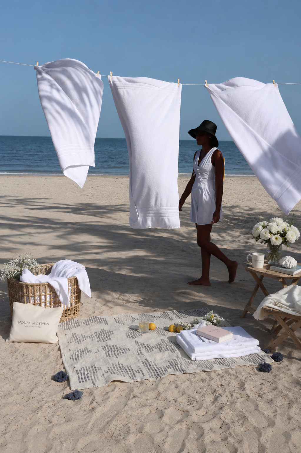 White towels drying on a clothesline on a bright beach, with a woman walking behind them and a wicker basket of folded linen in the foreground